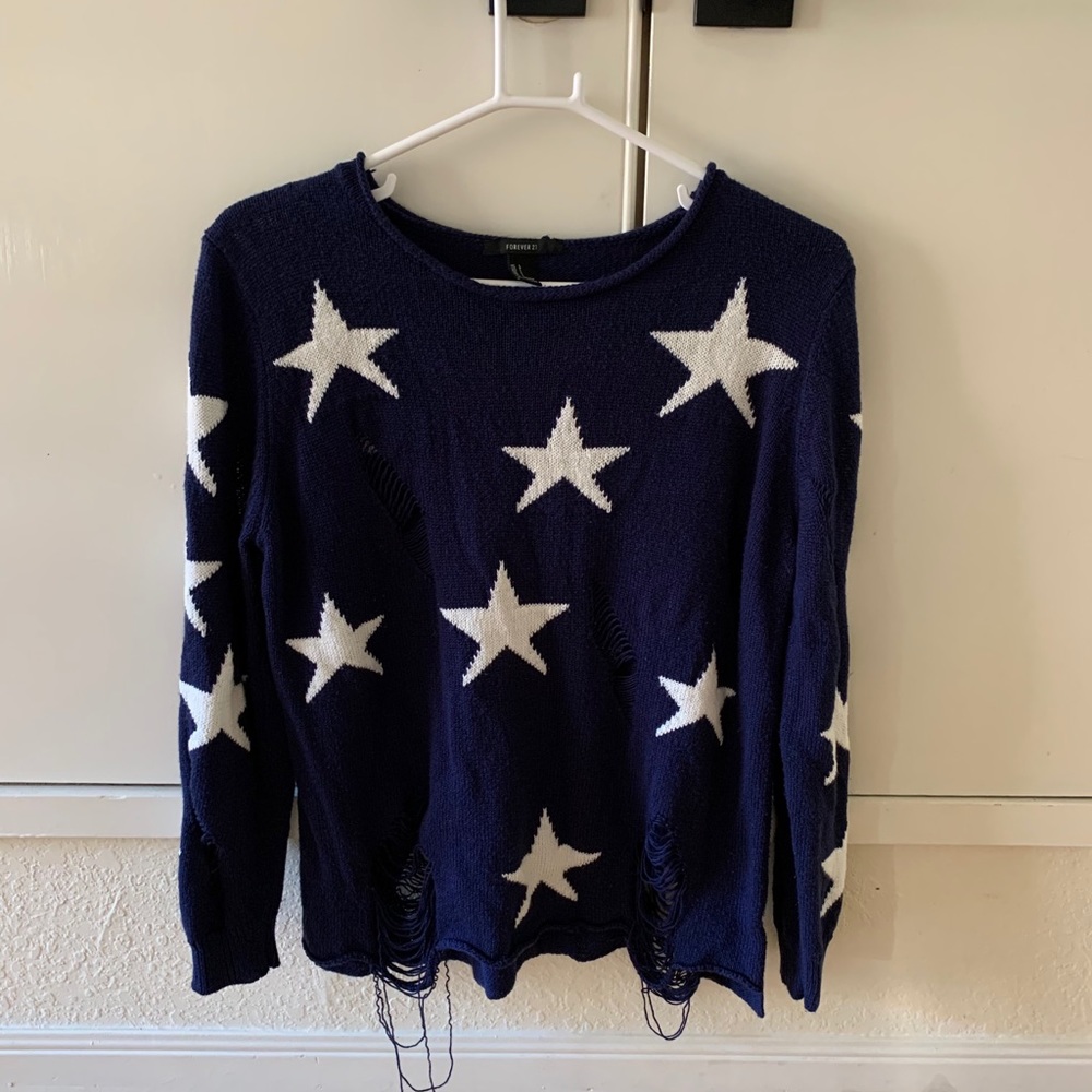 Forever 21 Navy Star Ripped Sweater